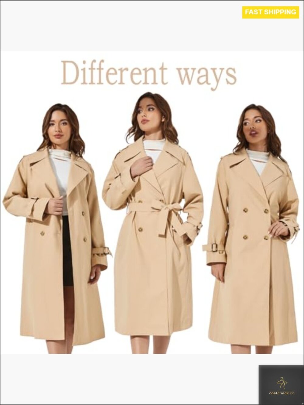 Double Breasted Long Trench Coat Classic Lapel Windproof Belted Lightweight - Picture 2 of 7